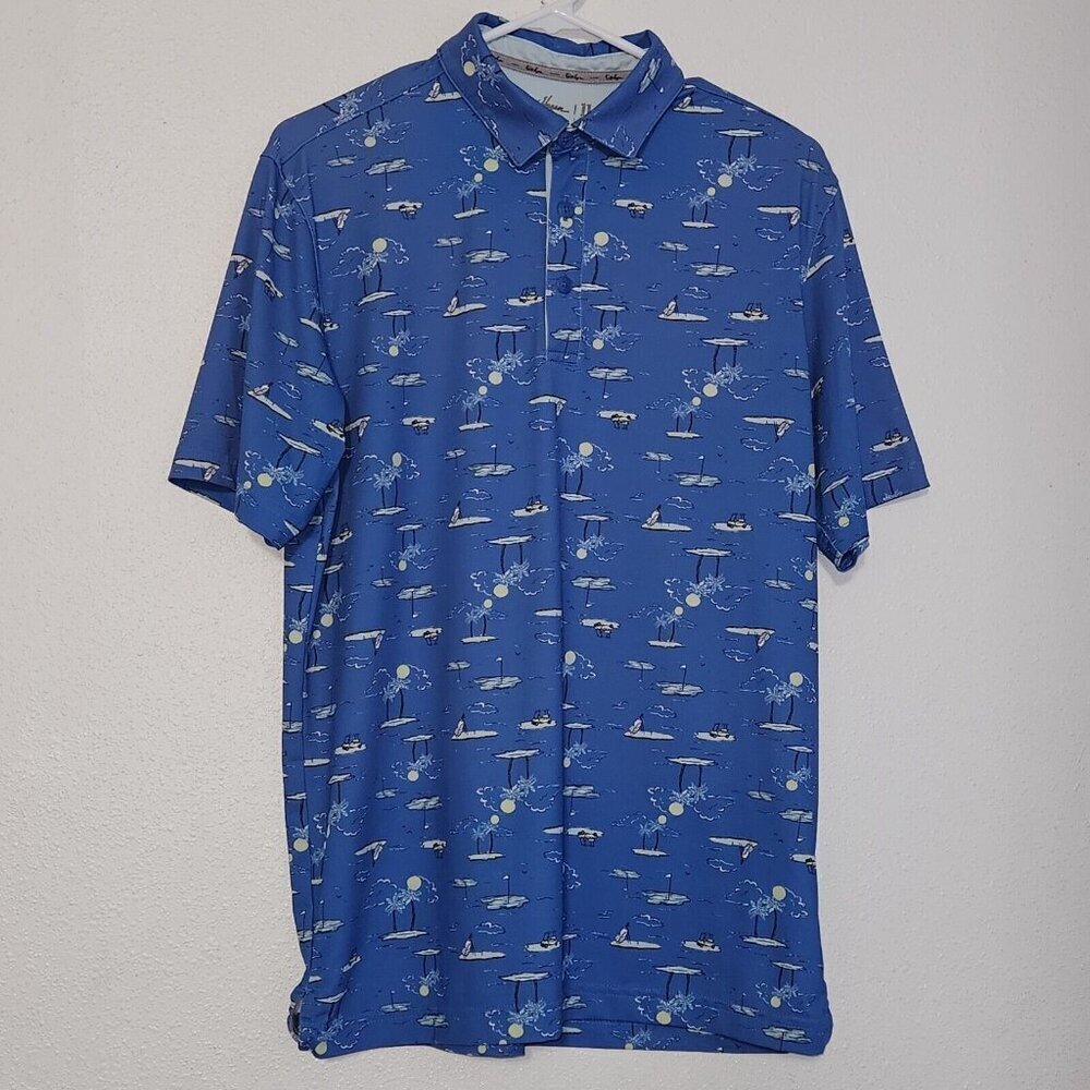 Walter Hagen 11 Blue Polo Shirt Men's Size Small Island Palm Tree Golf Bag Cart